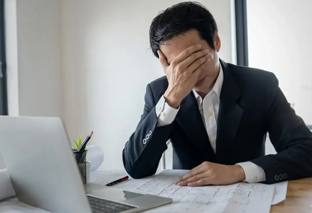デスクで図面を見ながら頭を抱えて悩んでいる担当者