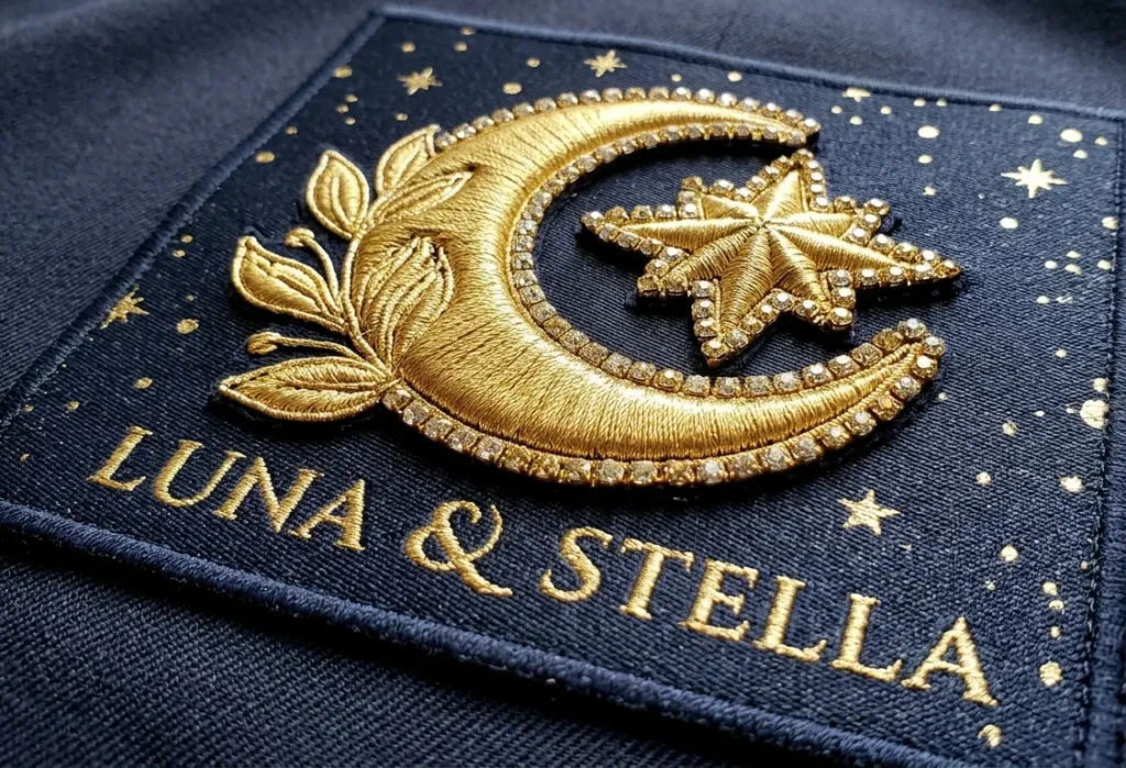 ゴールドの立体刺繍で施された三日月と星のモチーフ