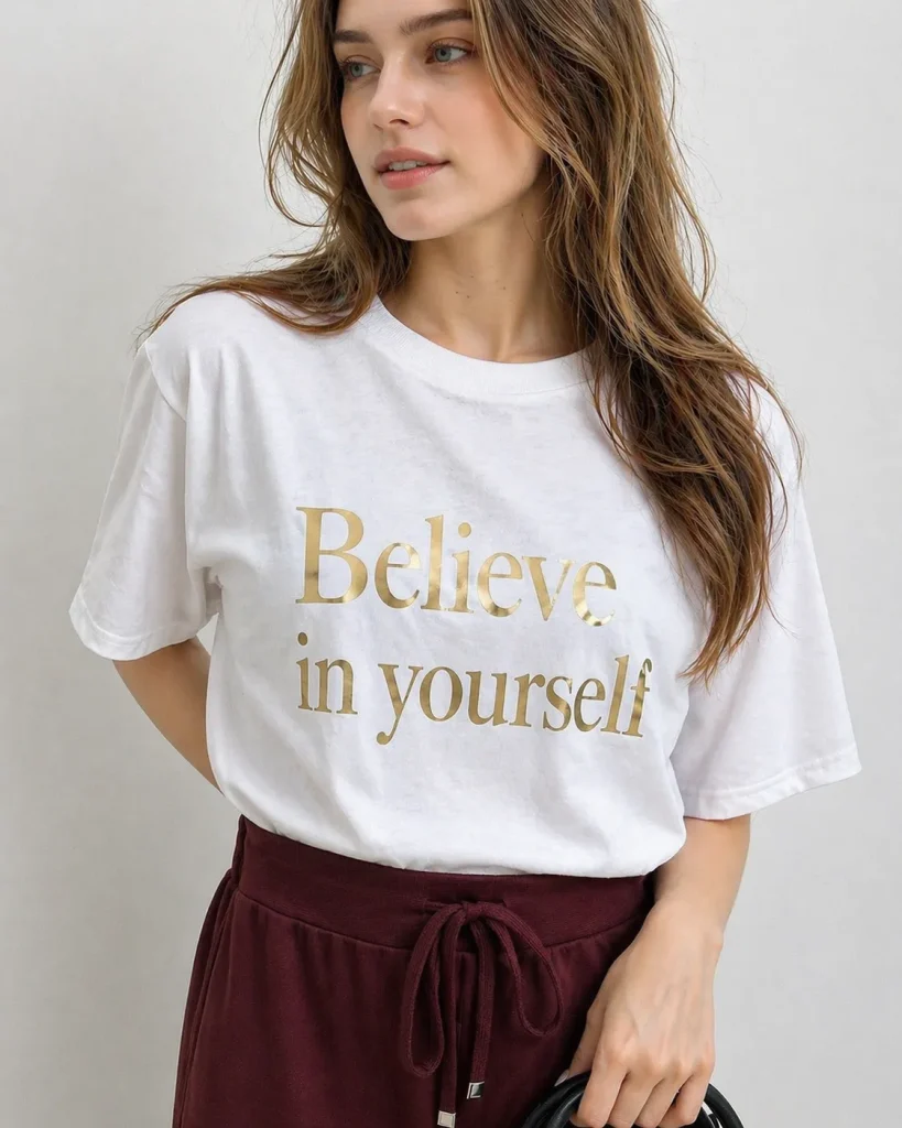 白いTシャツに「Believe in yourself」と書かれた女性がワインレッドのパンツを着用している様子