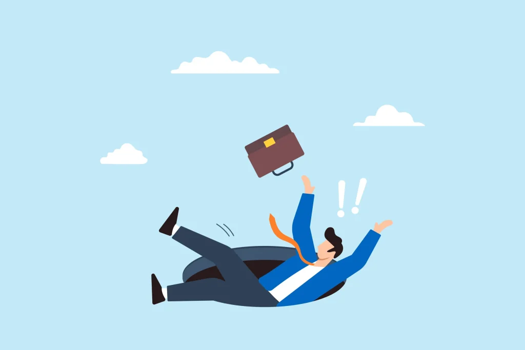 ビジネスバッグを放り出し、地面に開いた大きな穴に落ちて驚くビジネスパーソンのイラスト