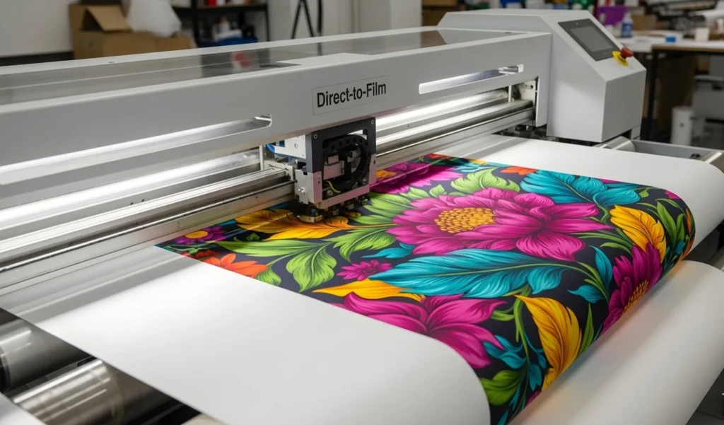 鮮やかな花柄を印刷しているDTF(ダイレクト・トゥ・フィルム)プリンターの様子