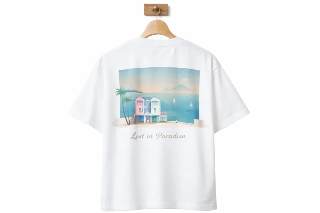 「Lost in Paradise」の文字と、海辺の家やヤシの木が描かれたバックプリント入りの白いTシャツ