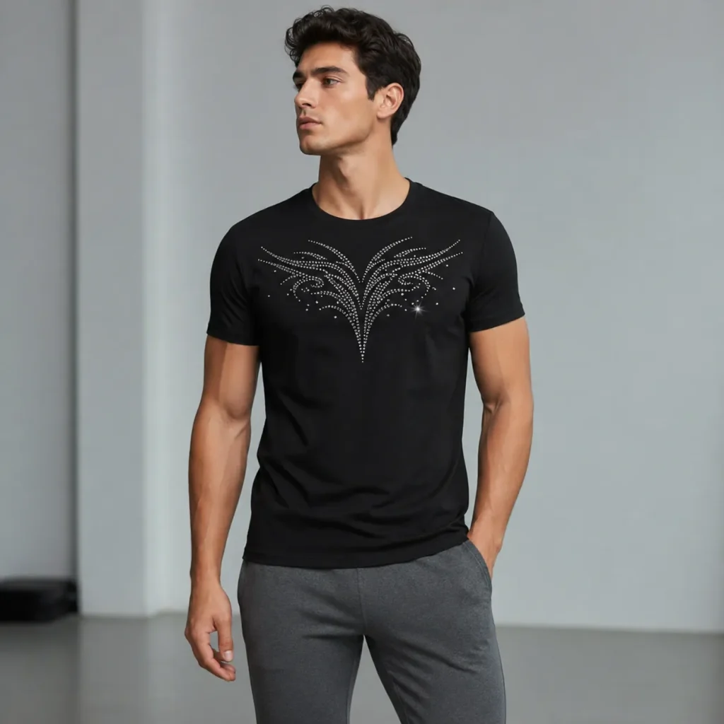 ラインストーン風デザインの黒いTシャツを着た男性モデルの写真