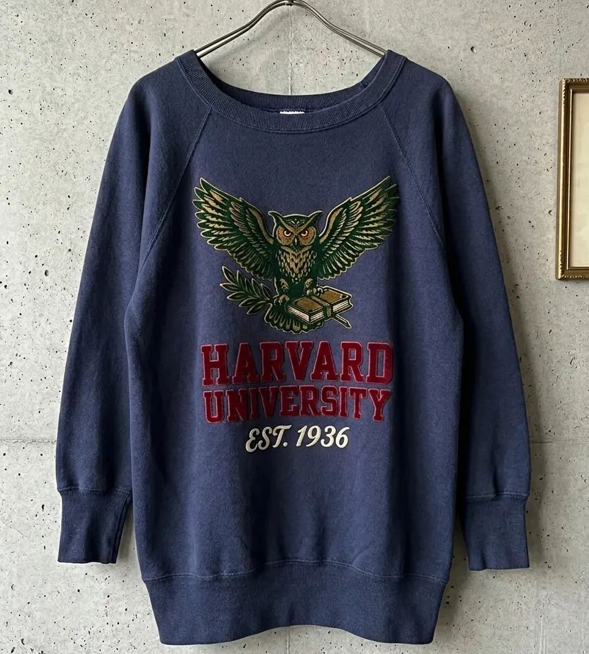 コンクリート壁を背景に、フクロウのイラストと「HARVARD UNIVERSITY EST. 1936」のロゴがプリントされたネイビーのスウェットシャツ