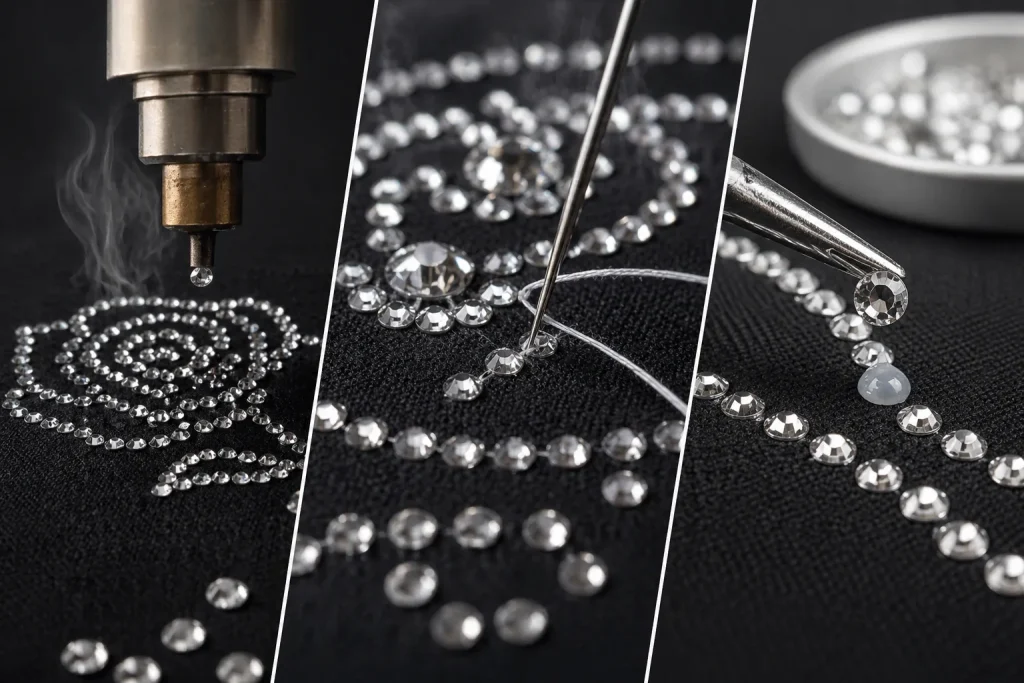 ラインストーンの熱圧着・縫い付け・接着の加工方法を比較した作業風景の写真