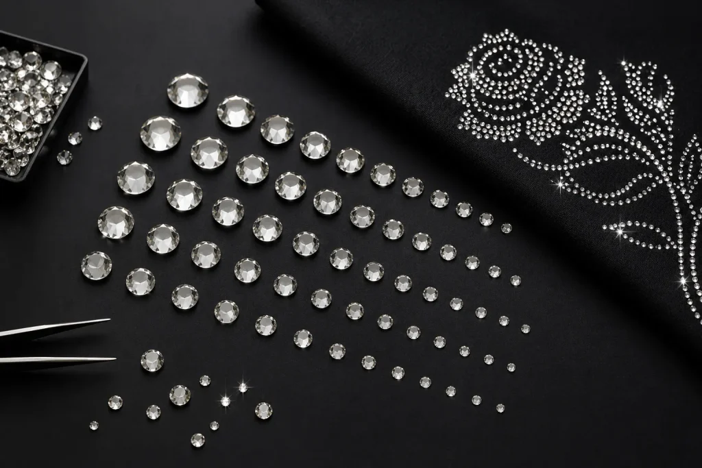 大小さまざまなラインストーンが黒い背景に並び、装飾デザインが施された素材の写真