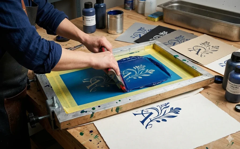 木製の作業台でシルクスクリーン印刷を行い、スキージを使って青いインクを版に広げている手元の様子