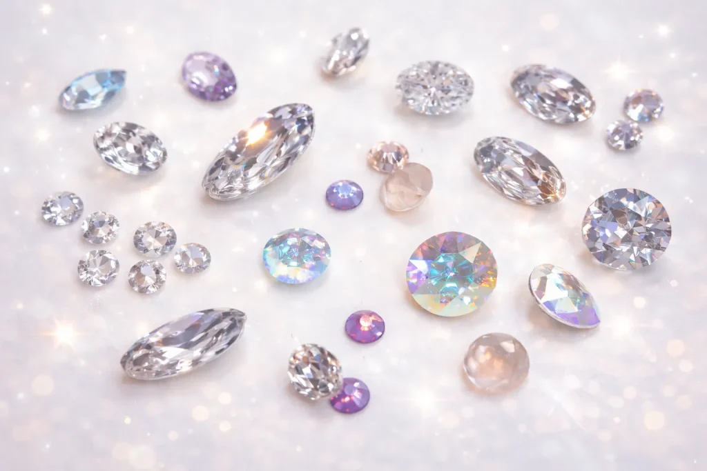 白く輝く背景に散りばめられた、さまざまな色と形のキラキラした宝石やラインストーン
