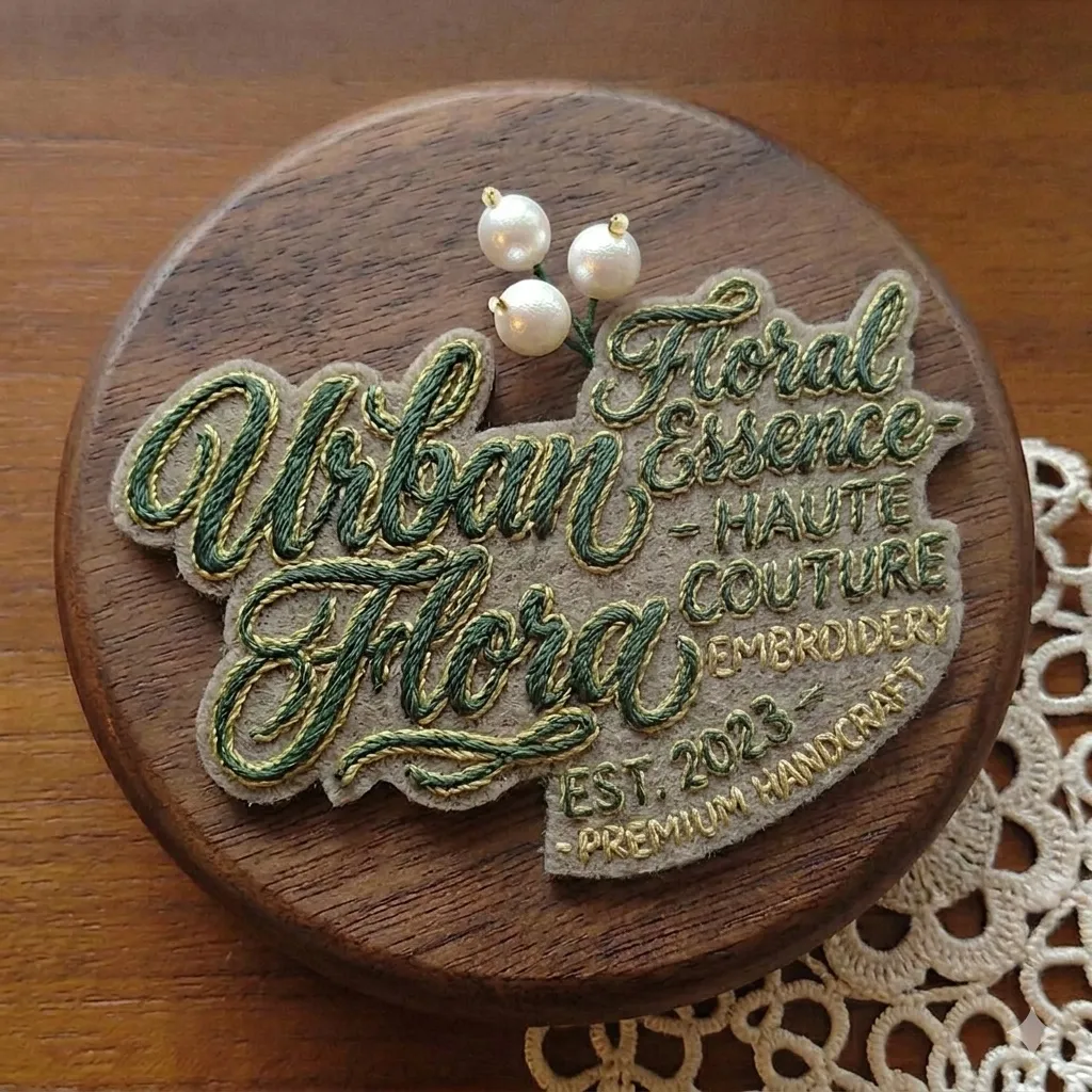 木製のトレイに置かれた、ストリート感のある筆記体英語の立体刺繍ワッペン