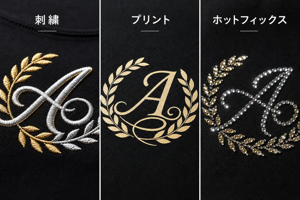 刺繍、プリント、ホットフィックスの3種類の加工方法で仕上げたロゴの比較画像
