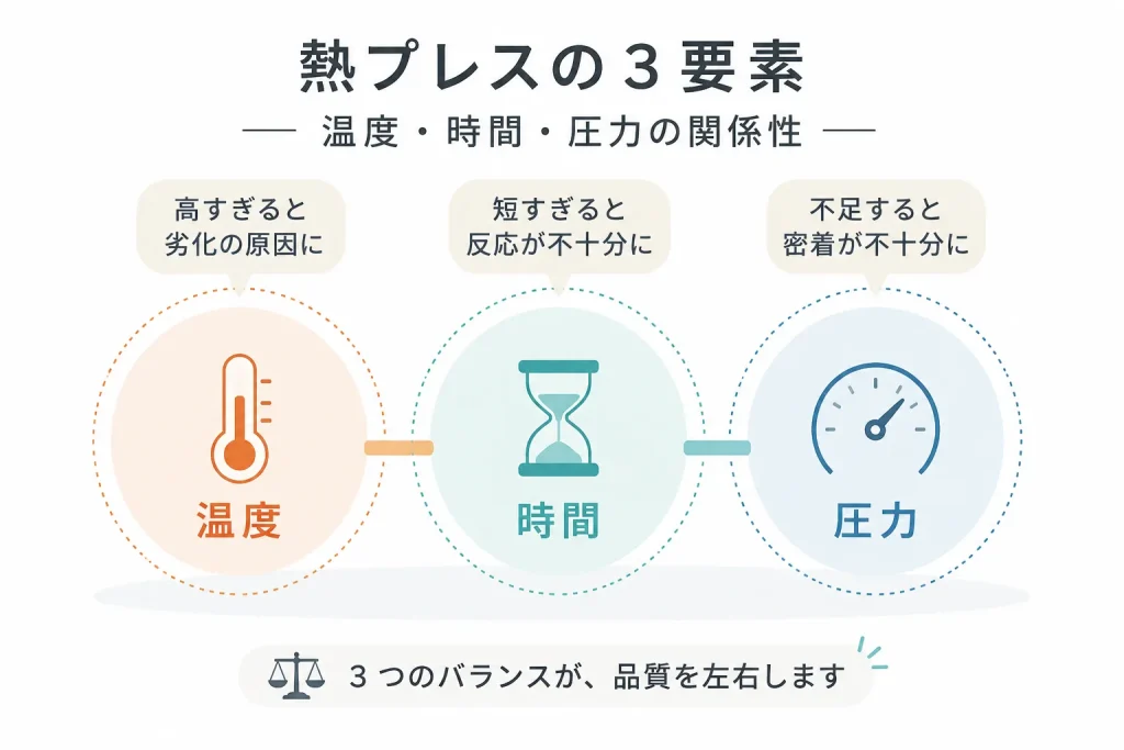 熱プレス加工における温度・時間・圧力の関係性を図解したイメージ