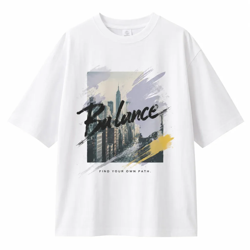 都市風景と筆文字デザインを組み合わせた白Tシャツのプリントデザイン