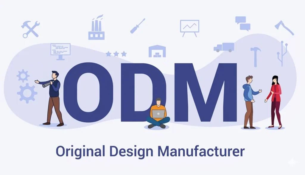 ODM（自社設計生産）を象徴する、大きな文字の周りで働く人々と製造・設計のアイコンが描かれたイラスト
