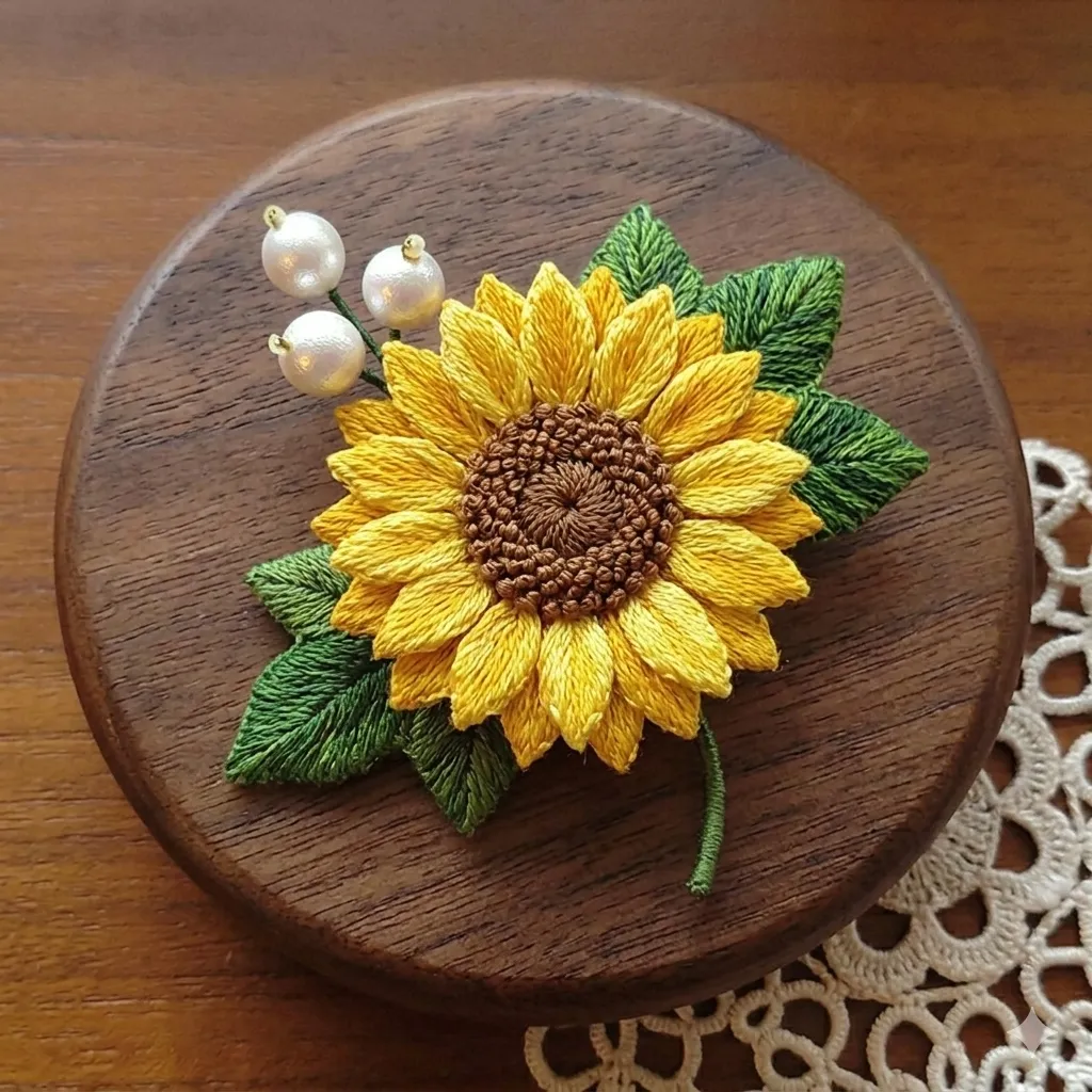 木製のトレイに置かれた、黄色い向日葵の立体刺繍とパールの装飾
