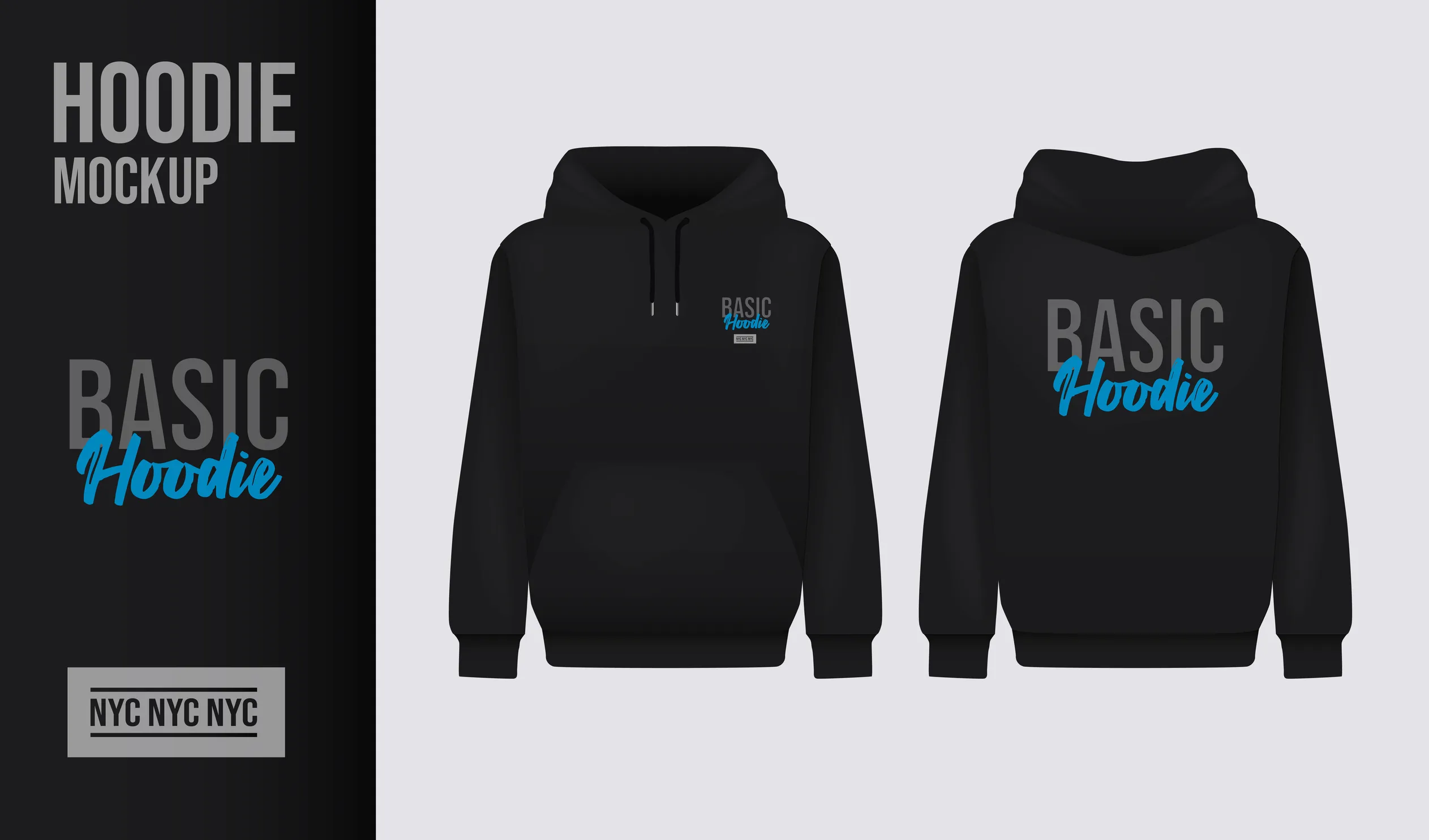 前面と背面に「BASIC Hoodie」のロゴがデザインされた、黒いパーカーのモックアップ画像