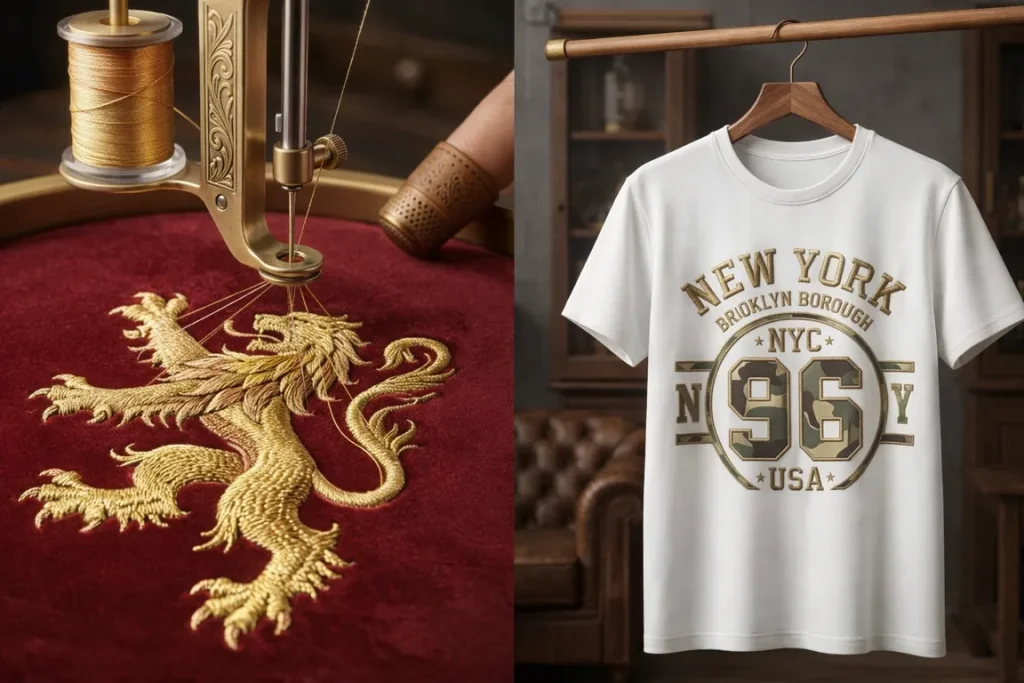 金糸でライオンの紋章を刺繍する様子と、ニューヨークのデザインがプリントされた白いTシャツの比較画像