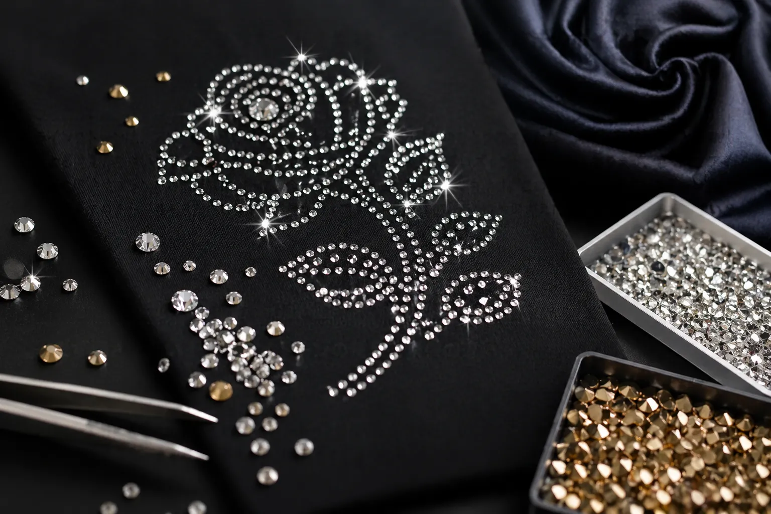 黒い生地にラインストーンでバラ模様を施した装飾デザインの写真