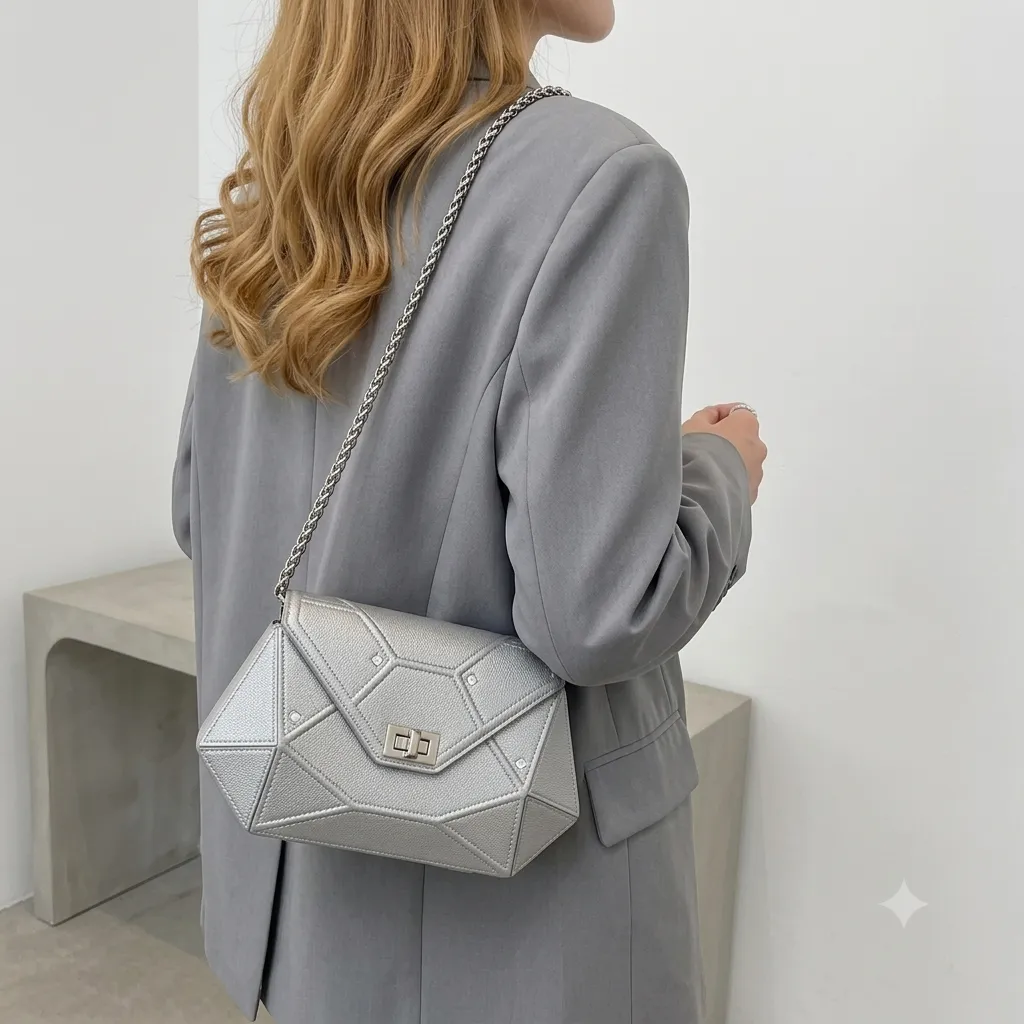 金髪でグレーのジャケットを着た外国人女性が、チェーンのついたシンプルなシルバーのショルダーバッグを肩に掛けている後ろ姿