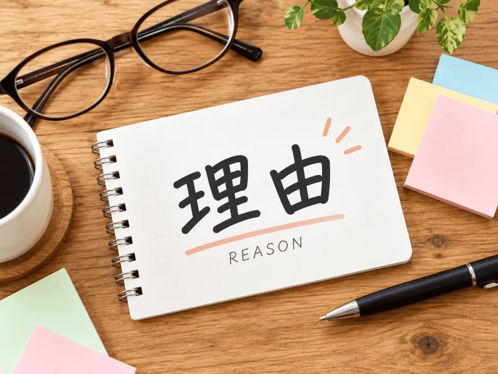 ノートに「理由」と書かれたデスクのイメージ