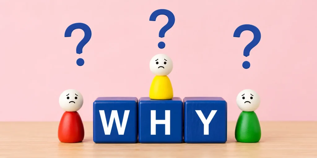 WHYの文字ブロックと疑問を抱く人形たち