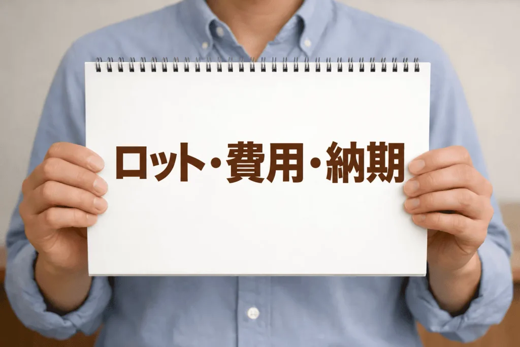 ロット・費用・納期と書かれたノートを持つ人物