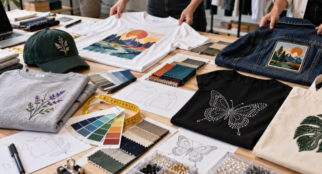 プリントや刺繍、ワッペンなどのアパレル二次加工サンプルを確認する作業風景