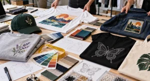 プリントや刺繍、ワッペンなどのアパレル二次加工サンプルを確認する作業風景