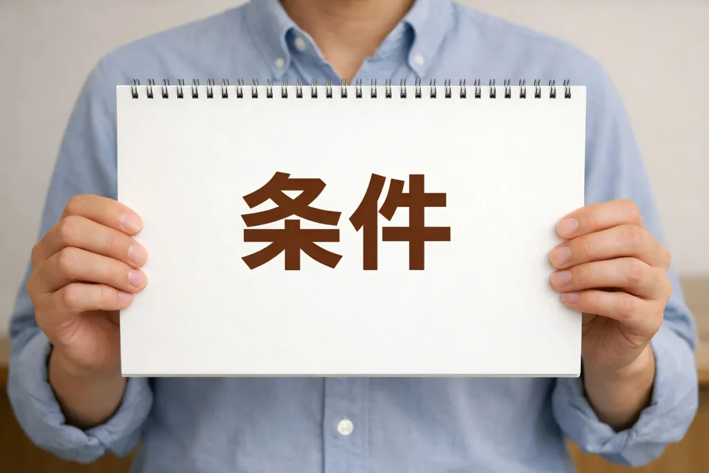 「条件」と書かれたボードを持つ人物