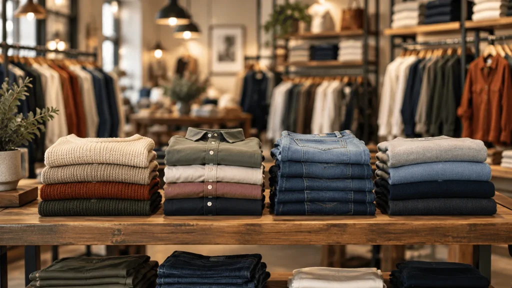 店内の木製テーブルに衣類が整然と並ぶアパレルショップ