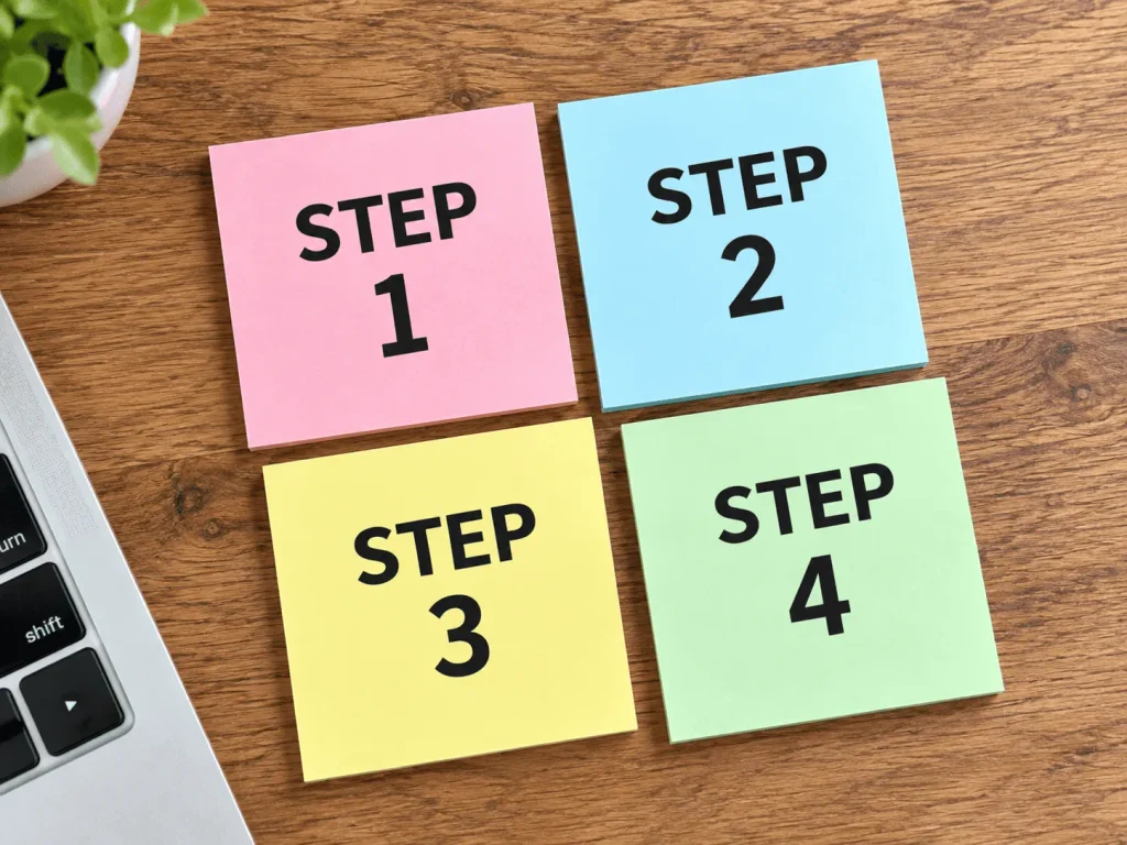 木製デスクにSTEP1からSTEP4の付箋を並べたイメージ